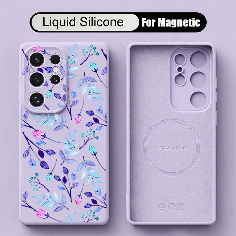 Black Lotus Flowers Print Case For Samsung Galaxy S26 S25 Ultra S24 Plus S23 S22 Ultra Magnetic For Magsafe Liquid Silicone Cover