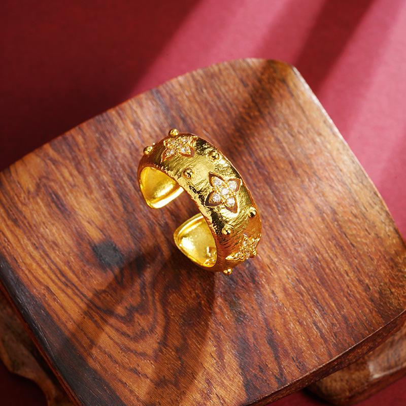 New Chinese Style Ring Retro Four-leaf Flower Brushed Ring for Women