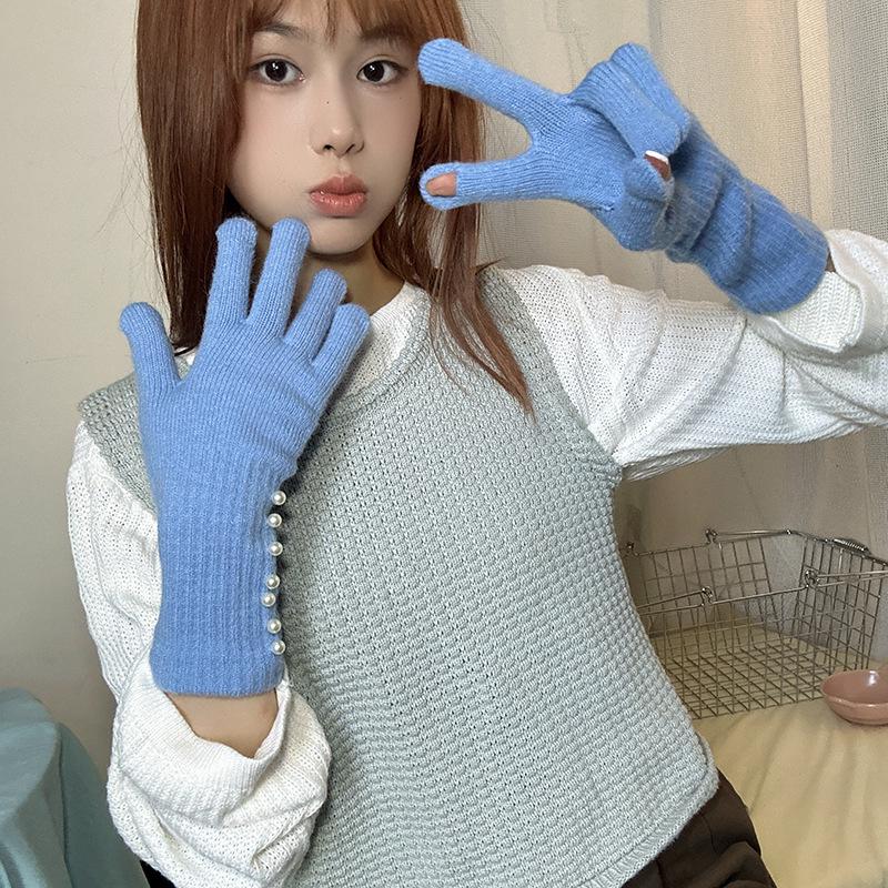 Korean Style Autumn/Winter Pearl Fingerless Touchscreen Wool Gloves for Women