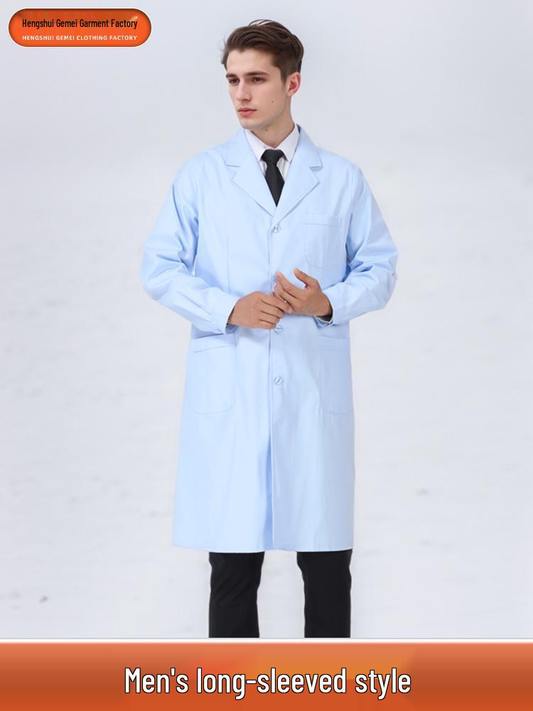 Men's and Women's Short Sleeve White Coat & Long Sleeve Thick Blue Doctor's Coat with Elastic Cuffs for Lab, Physician, and Nurse Workwear.