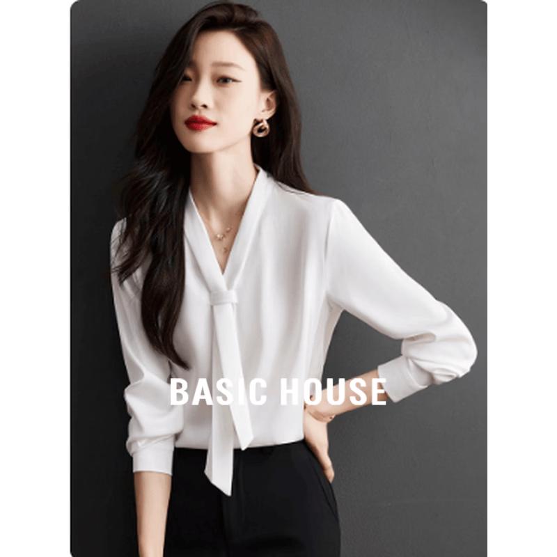 Basic House Women s French Tie-Neck V-Neck Blouse S