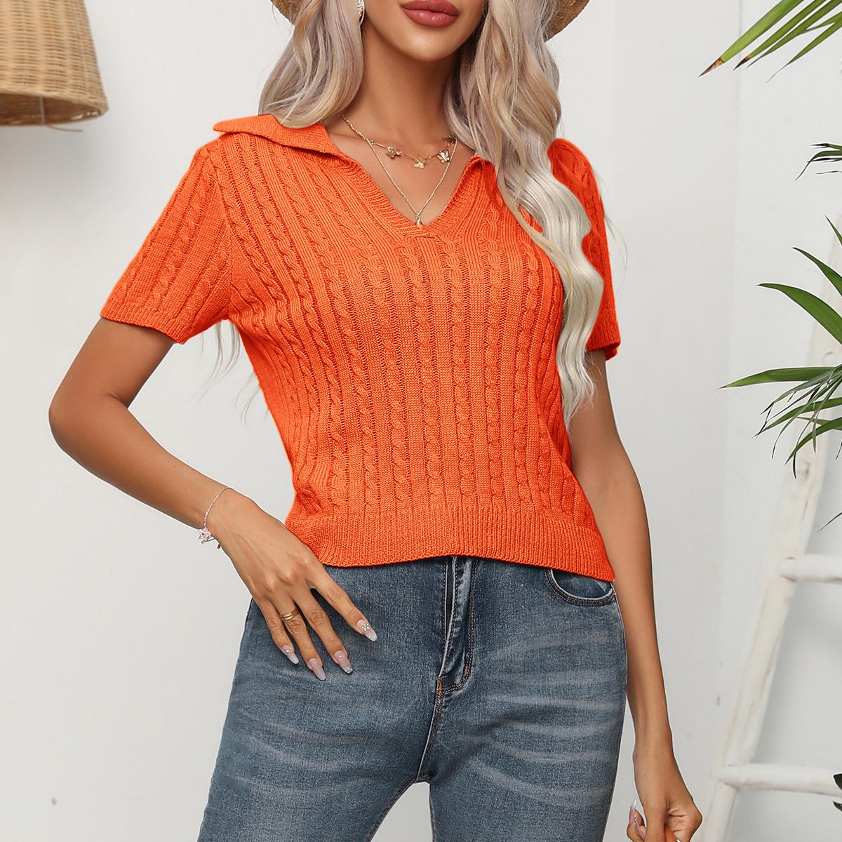 

Летние женские топы с коротким рукавом, трикотажные изделия с лацканами, однотонные трикотажные изделия XL оранжевый