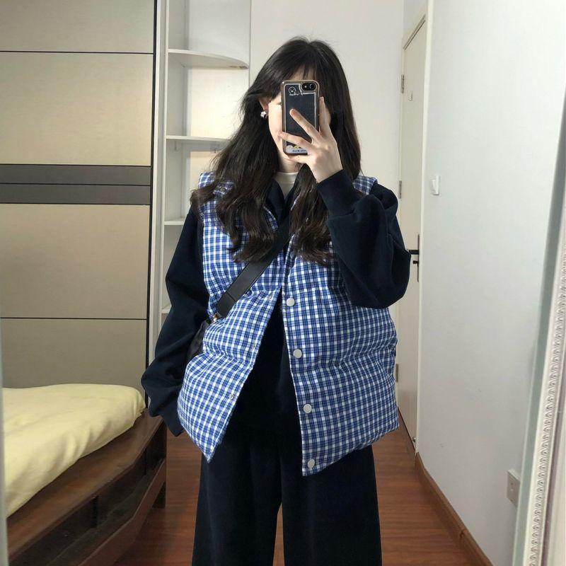 

Женский свободный клетчатый жилет с подкладкой, зимний, без рукавов, многослойная повседневная одежда XL синий