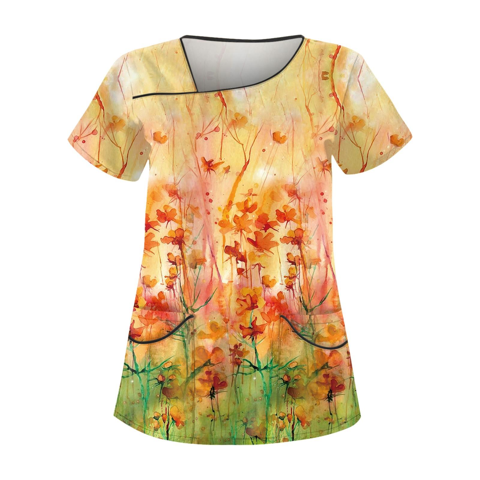 

Женская мода, небольшой униформа с цветочным принтом, комбинезон, футболка с косым воротником и двойным карманом, топ с короткими рукавами XXL оранжевый