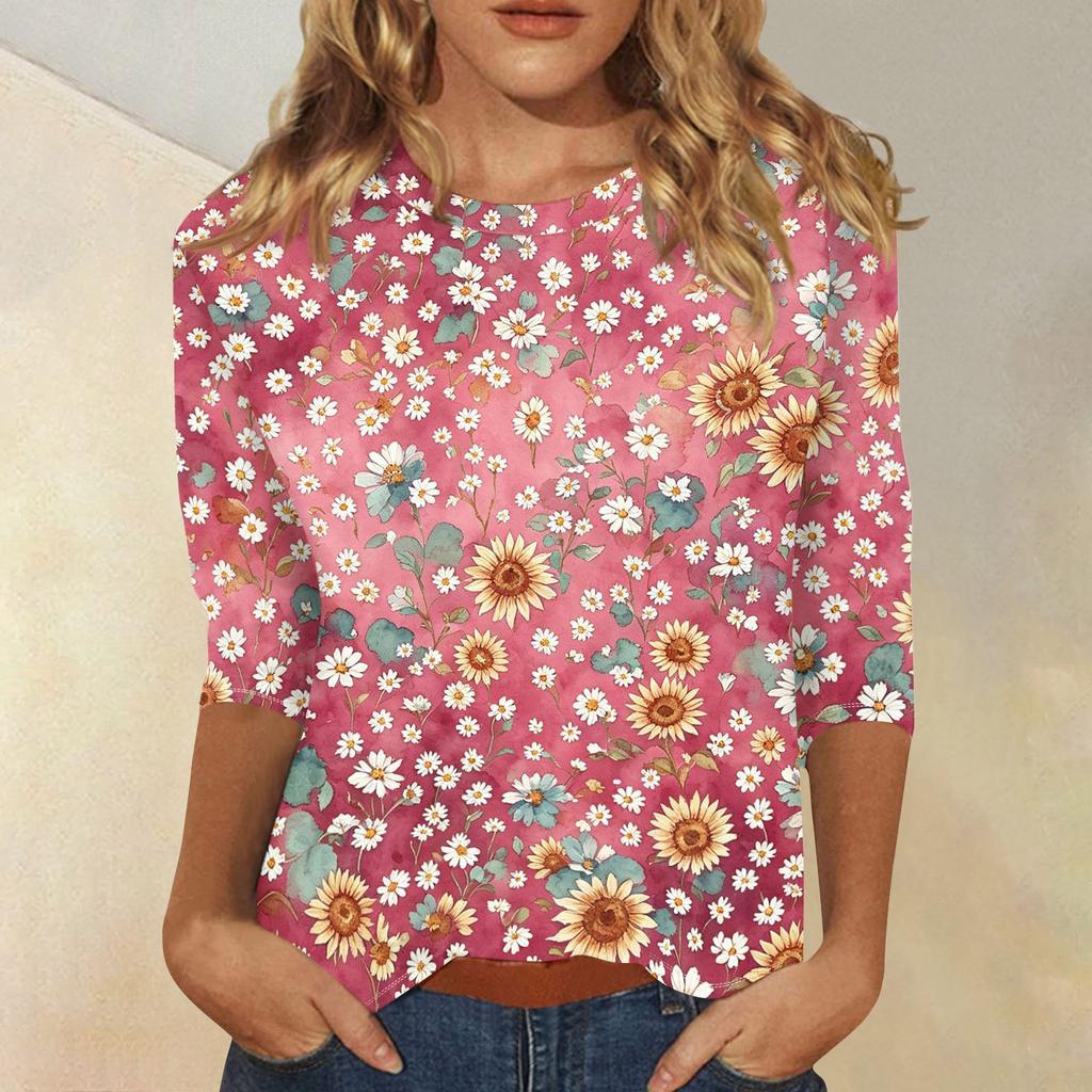 Women's Casual Floral Print Three Quarter Sleeve Round Neck Top Lightweight Comfortable Fit Versatile Everyday Wear