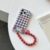 Ins Red Blue Checkered Pattern Heart Beads Wrist Strap Phone Case for iPhone 17 16 15 14 13 Pro Max  Back Cover Fund