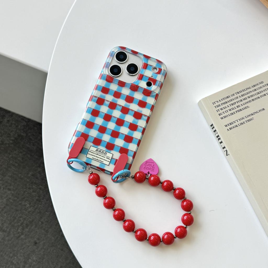 Ins Red Blue Checkered Pattern Heart Beads Wrist Strap Phone Case for iPhone 17 16 15 14 13 Pro Max  Back Cover Fund