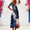 Women Plus Size V Neck Short Sleeve Firework Printed Navy Blue Long Dress