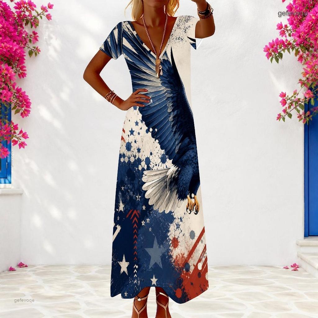 Women Plus Size V Neck Short Sleeve Firework Printed Navy Blue Long Dress