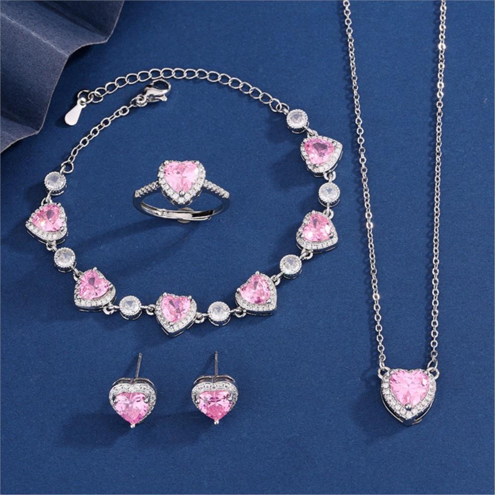Light Cherry Pink Heart Pendant Jewelry Set for Women Elegant Necklace Bracelet Earrings Ring Wedding Jewelry Gift