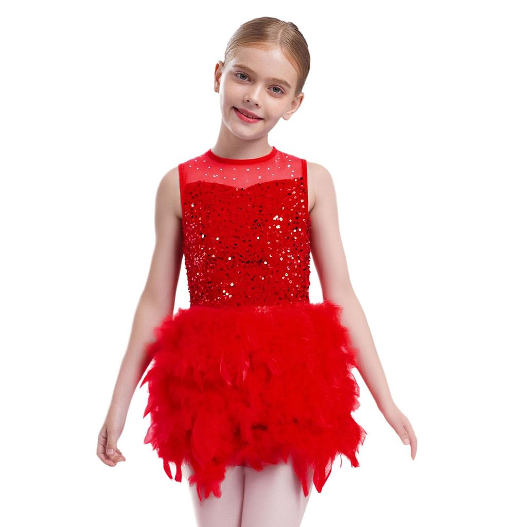 Robe de spectacle de danse pour filles Sans manches Fermeture éclair invisible au dos Patchwork en maille transparente Sequins brillants Plume Velours Robe
