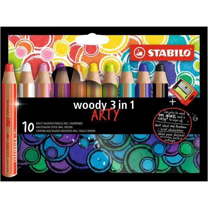 Etui carton x 10 crayons multi-talents stabilo woody 3in1 arty + 1 taille-crayon
