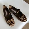 Fashion 2025 New Retro Round Head Ballet Shallow Mouth One Word Buckle Flat Leopard Print Single Shoes Woman