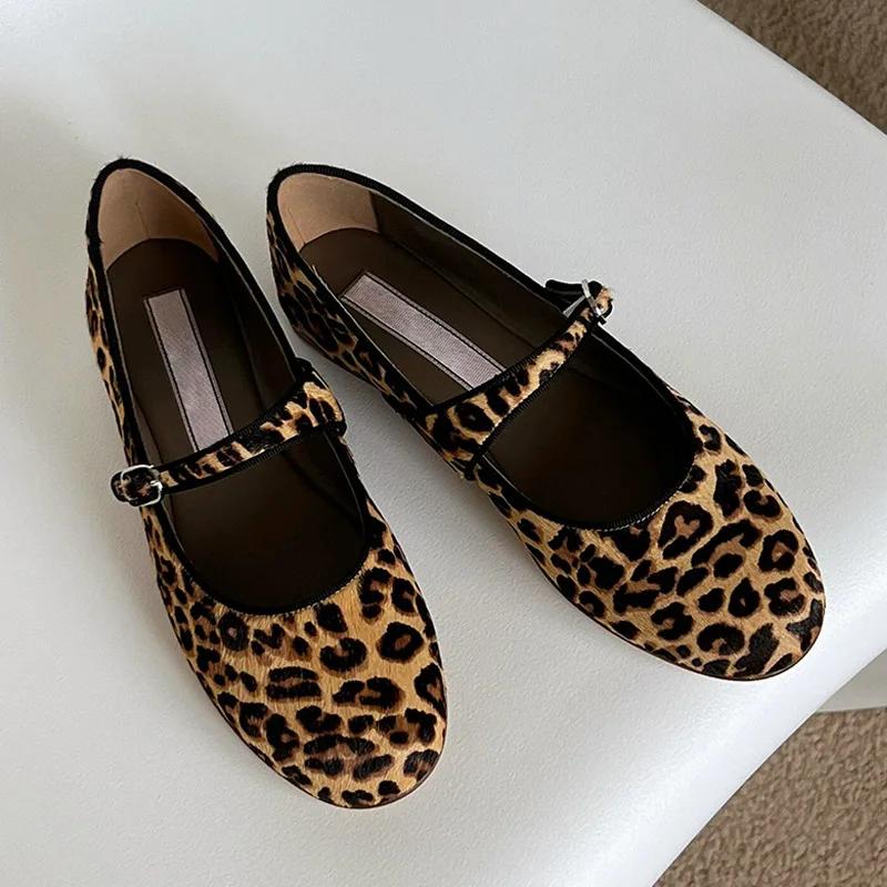 Fashion 2025 New Retro Round Head Ballet Shallow Mouth One Word Buckle Flat Leopard Print Single Shoes Woman