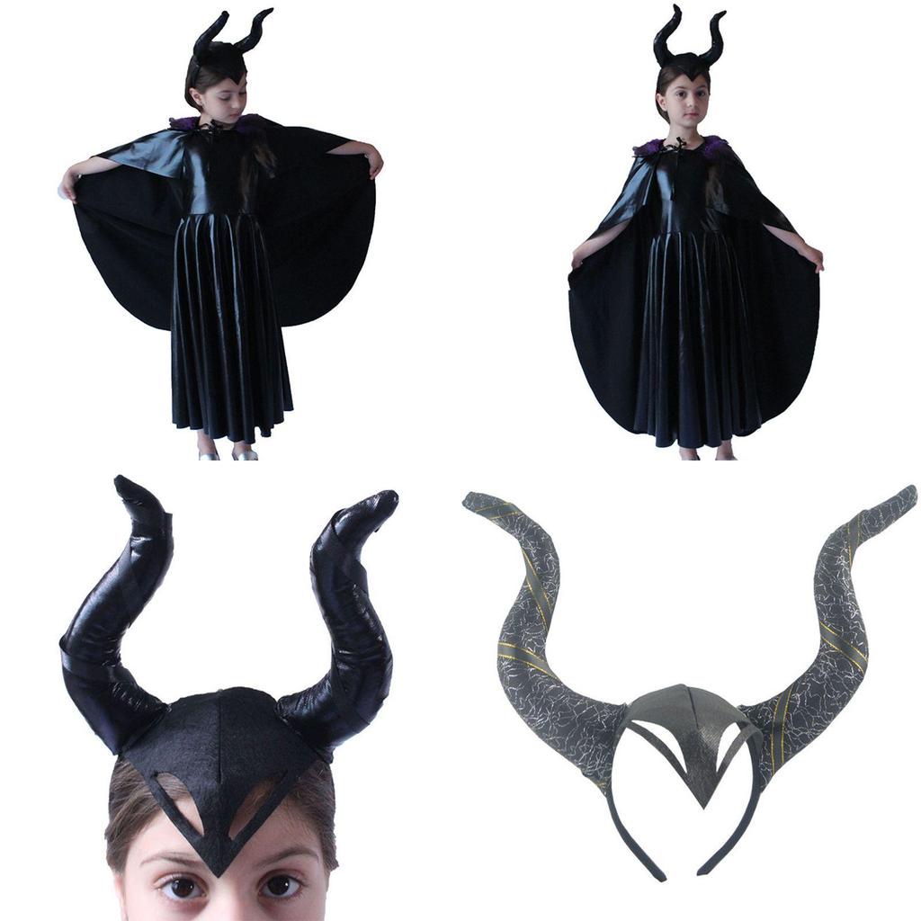 Faszinierendes Maleficent Zauberin Böse Königin Mädchen Kostüm für Halloween mit gehörntem Kopfschmuck