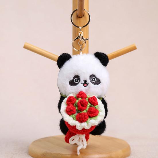 Panda Holding Flowers Keychain Cute Plush Stuffed Animal with Knitted Bouquet