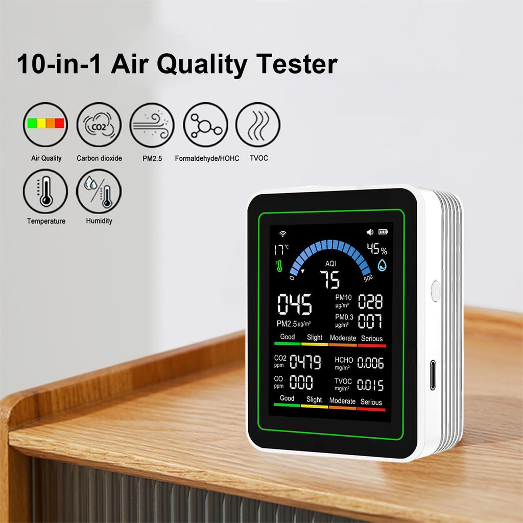 10-in-1 2.8" Air Quality Detector Meter CO2 Formaldehyde PM2.5 TVOC Temperature Humidity Tester Type-C Charging for Home Office