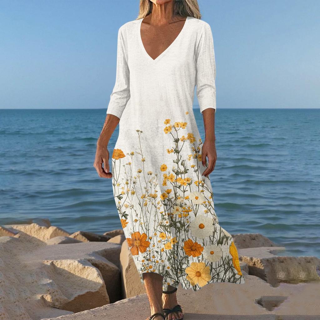 Sukienki Damskie Sukienka Midi z Tuniką w Stylu Vintage z Nadrukiem, z Wcięciem w Talii, Letnia Codzienna Sukienka z Rękawem 3/4