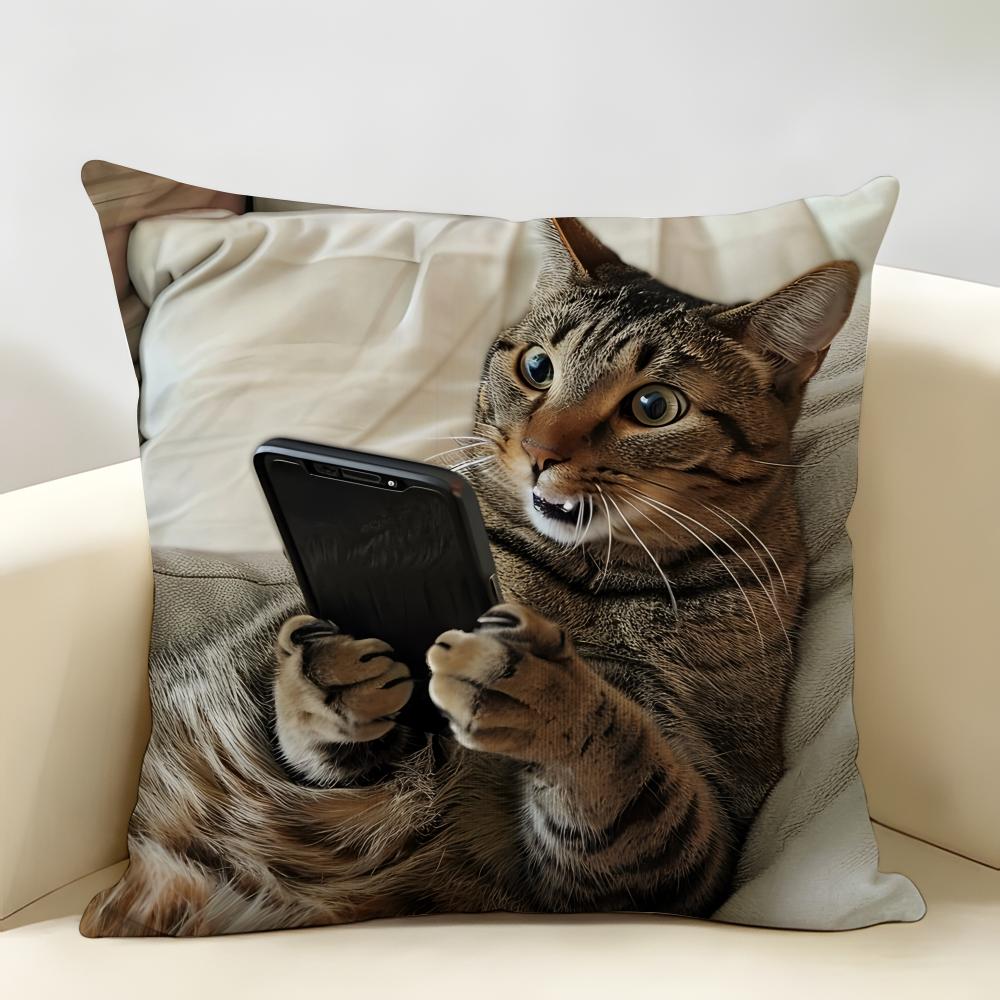Cute Cat Holding Phone Cushion Cover Natural Linen Organic Fabric DoubleSided Printing Room Sofa Decor Pillow Case