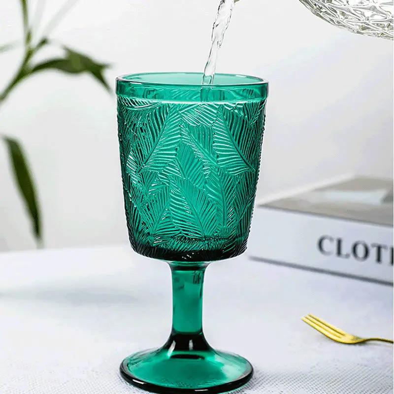 

Винтажный тисненый цветной бокал с листьями 340 мл зеленый розовый синий прозрачный бокалы для вина бокалы фужеры стеклянная чашка 1 шт декор стола 301-400ml