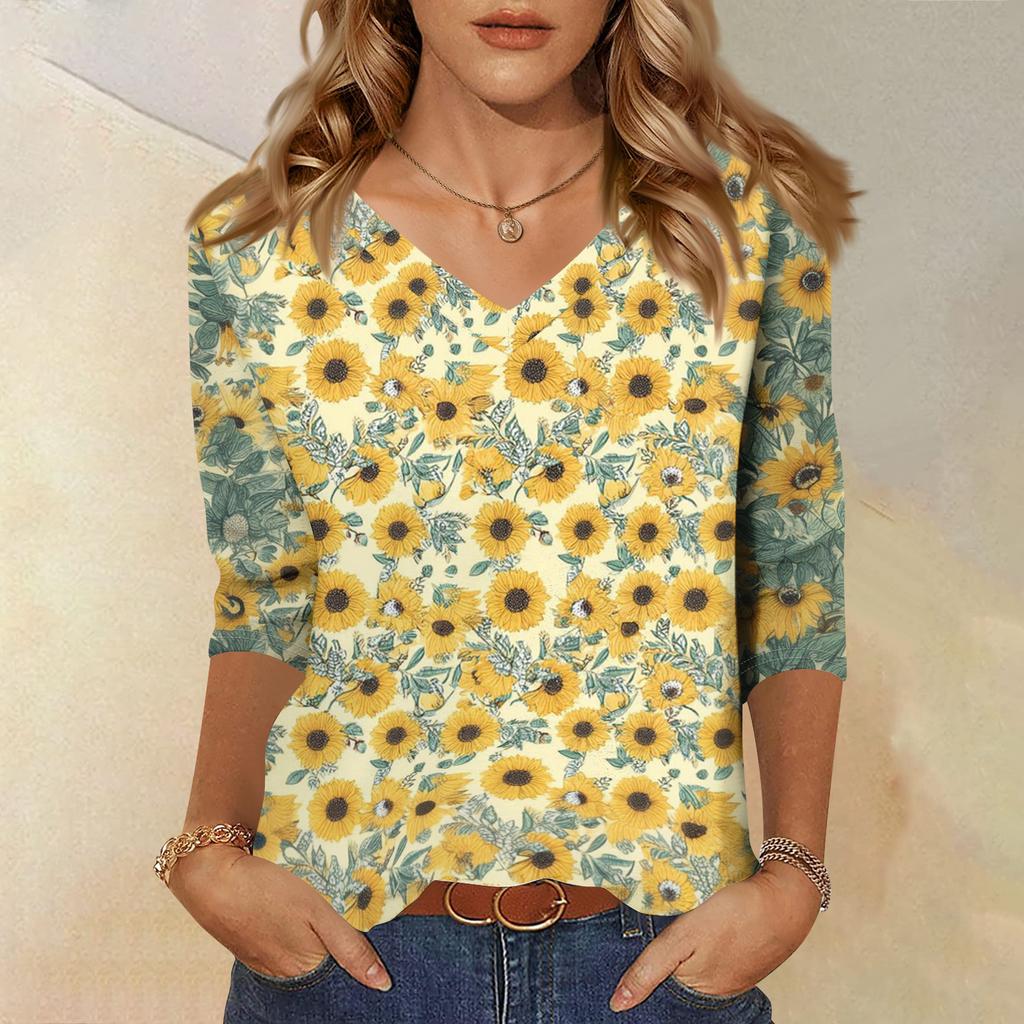 Women's Fashionable Casual V-Neck Three-Quarter Sleeve Printed T-Shirt Top