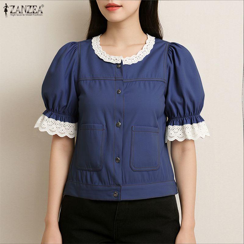 ZANZEA Women Casual Lace Splice Round Neck Summer Short Sleeve Blouse