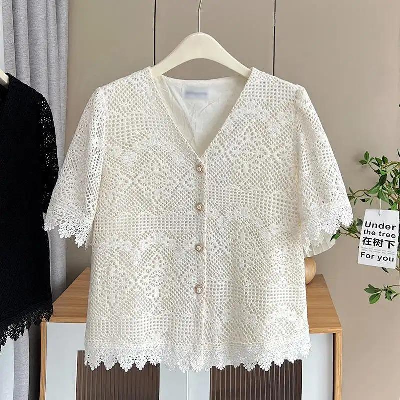 

Fashionable Hollow Short-sleeved Lace Shirt for Women in Summer Large Size Loose Temperament Foreign Style L белый