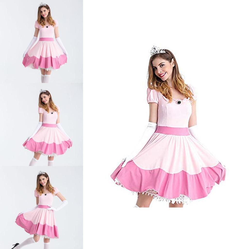 Elegant Super Mario Pink Princess Peach Costume Dress With Crown And Gloves Set