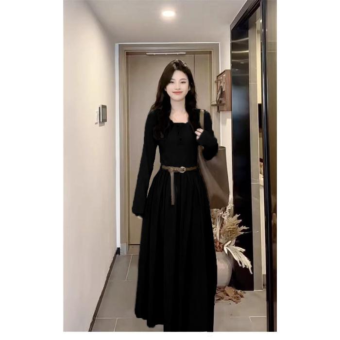 

French long-sleeved dress women s new early autumn early autumn temperament long dress Korean atmosphere wear XL чорний