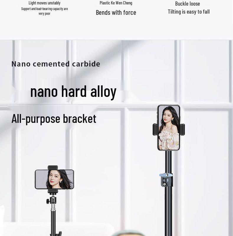 Dual Mobile Phone Outdoor Live Streaming Stand with Multi-Angle Capability, Fill Light, and Tripod.