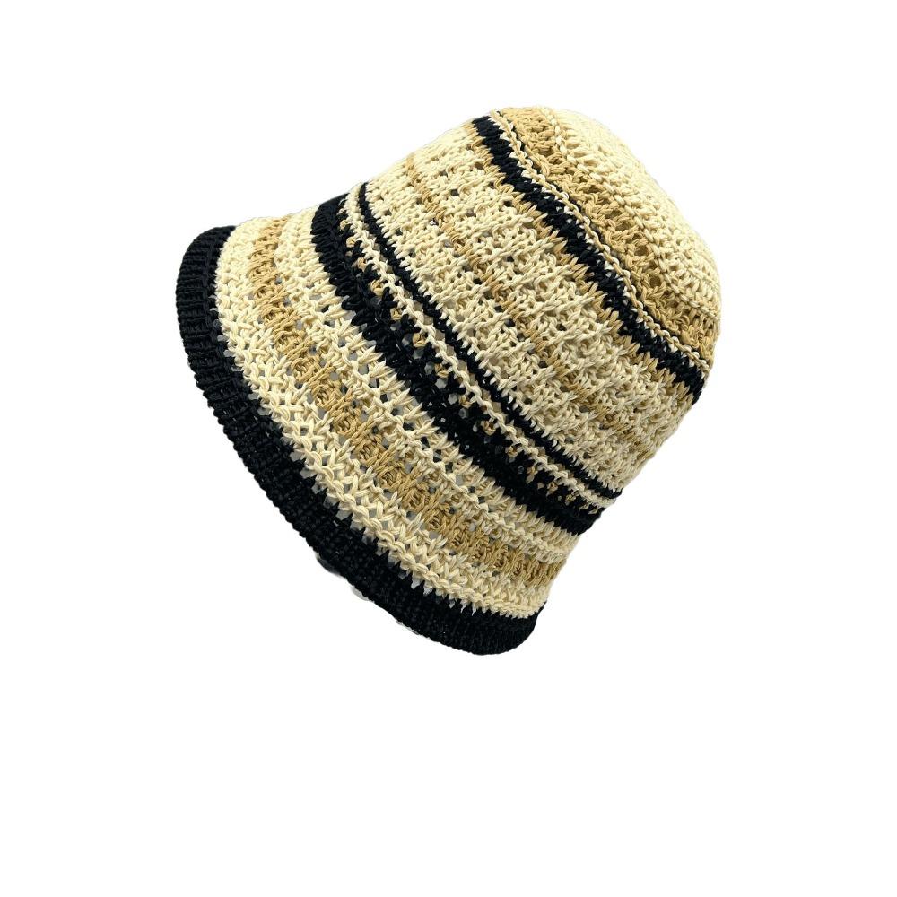 Colorful Knitted Bucket Hat Stripe Sun Protection Cap Elegant Sunshade Basin Cap  Women