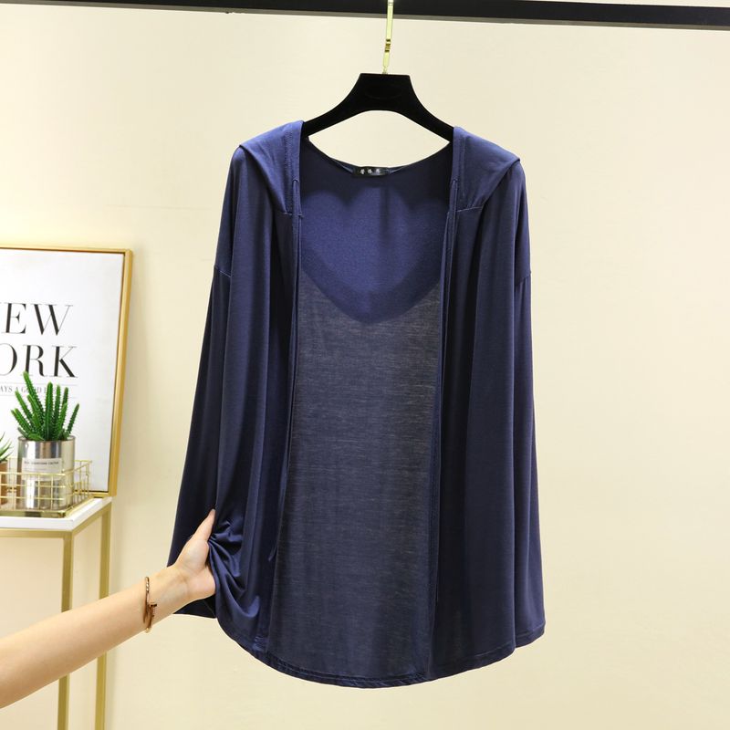 Long Sleeves Modal Hooded Cardigan Women's Thin Loose Outer Wear Sun Protection Top Plus Size Loose Pure Color Casual Outwear