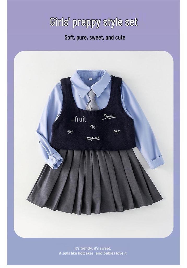 Girls' Autumn 2025 Academy Style: Bowknot Vest, Knit Vest & Pleated Skirt Set