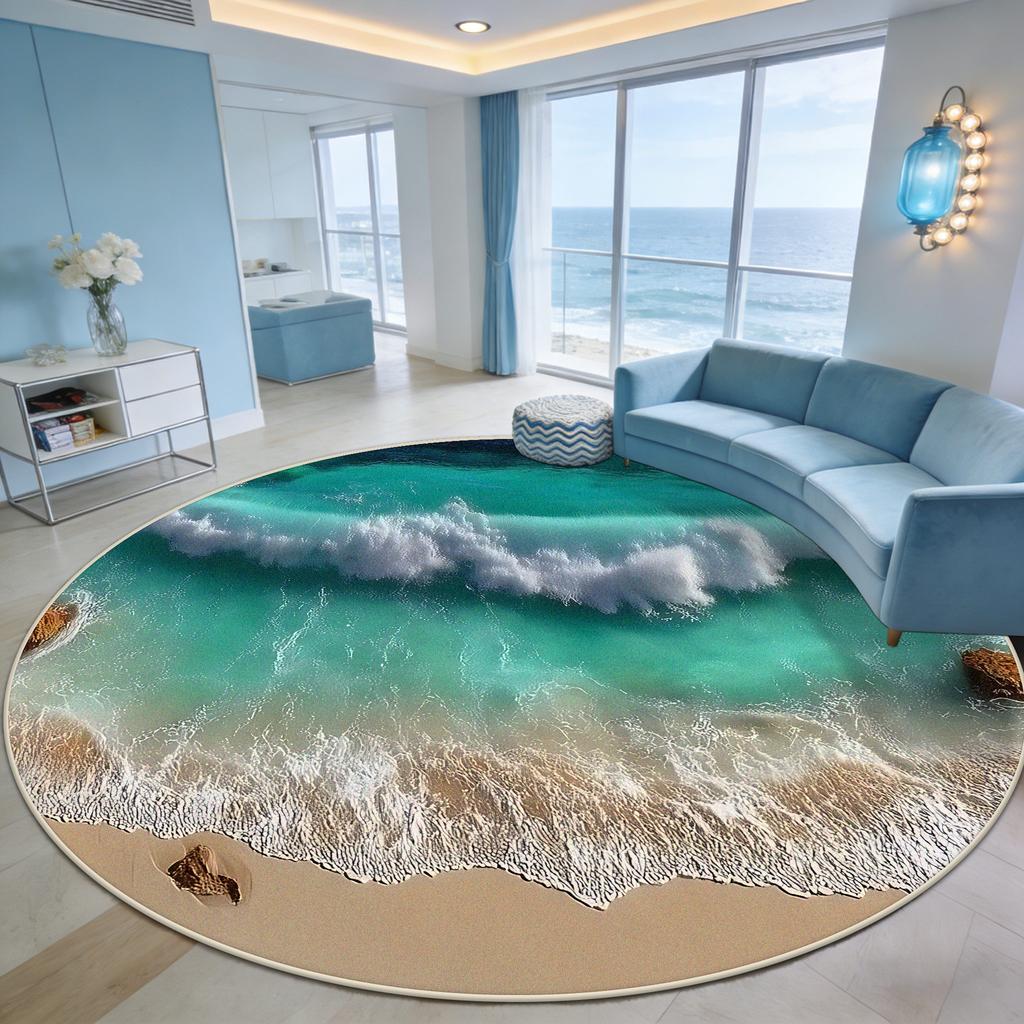 Immersive Wave Beach Round Carpet for Living Room Decoration Terrace Courtyard Antiskid Rug Easy Clean Fluffy Mat for Children