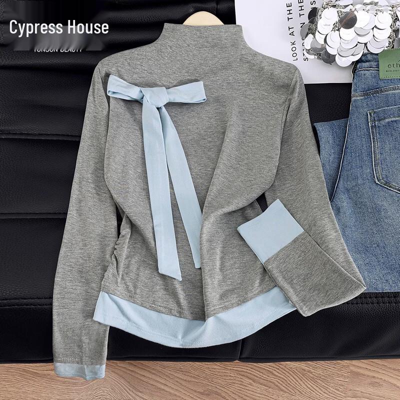 Sibaishe Women s Slim Fit Bowknot Mock Neck Colorblock Long-Sleeve T-shirt M