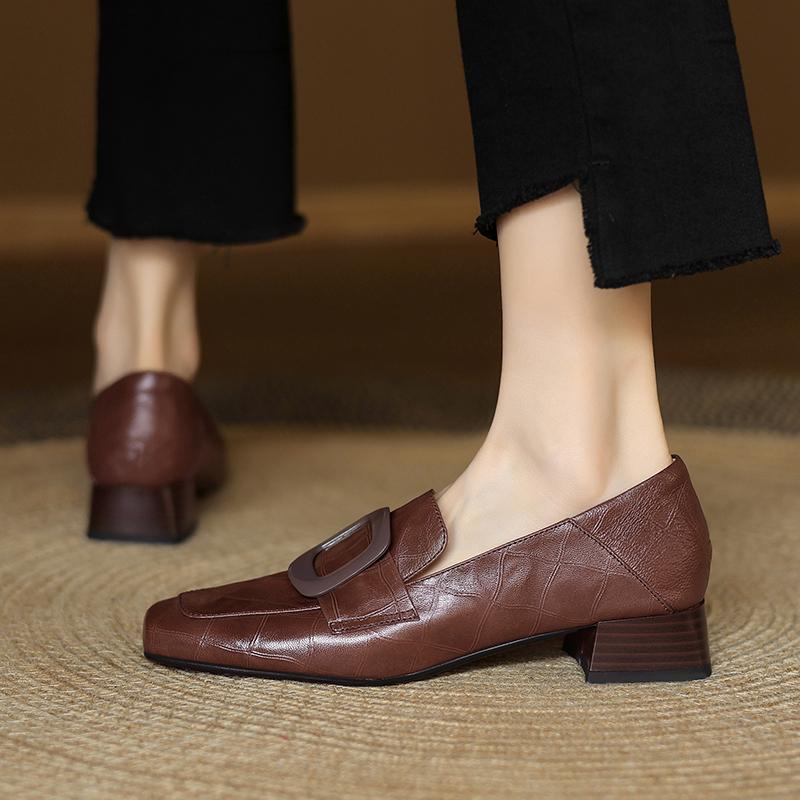 Block Heel Low Heel Square Toe Deep Mouth Loafer 2025 French New Retro Soft Leather Soft Sole All-match Women's Shoes