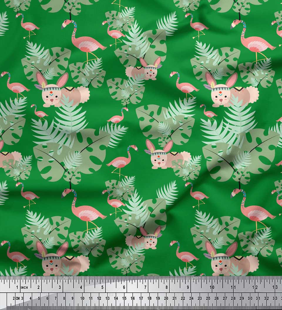 

Чорна поліетиленова крепова тканина Soimoi, кролик і фламінго, пташиний принт у дворі, 42 дюйми 42 Inch Wide - Poly Crepe зелений