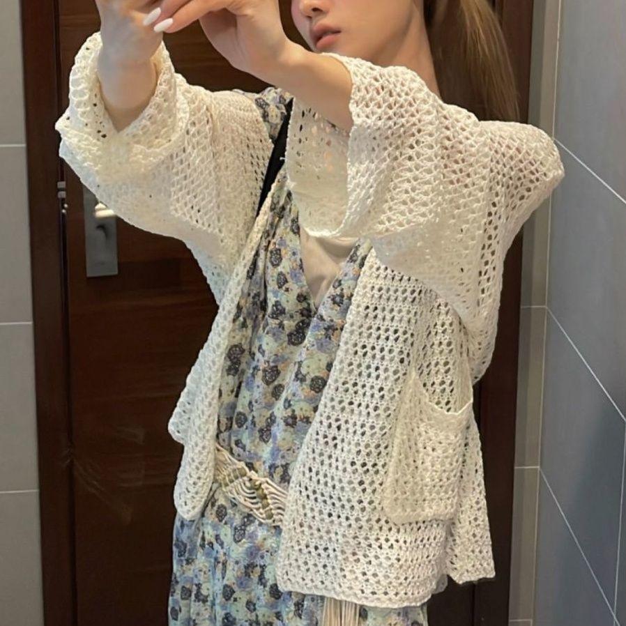 Harajuku stickad kofta dam vintage hollow out oversized tröja koreanskt mode löst Casual långärmade tunna toppar