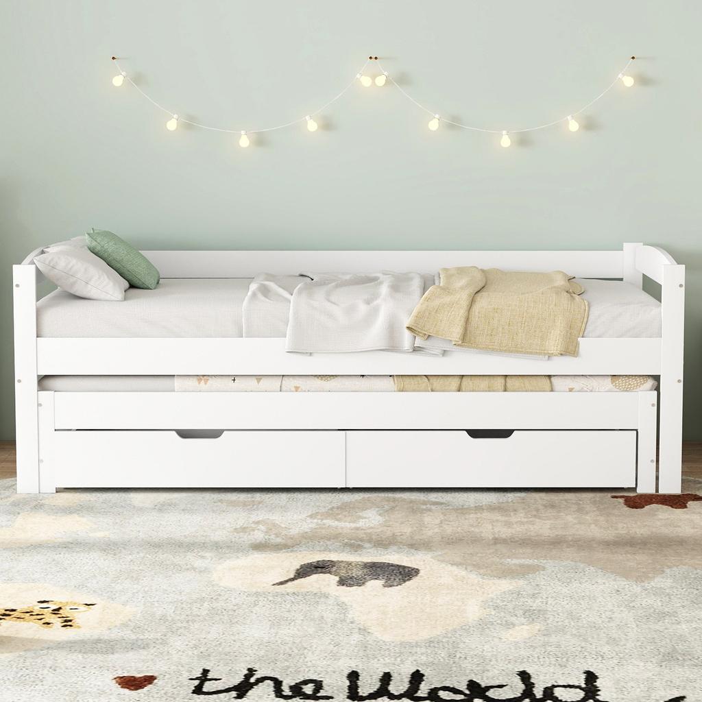 [29596364WAA] Cama de Dia, Cama de Solteiro e Casal, Cama Auxiliar com Rodízios por Baixo, com 2 Gavetas de MDF, Estrutura de Madeira Maciça, Branco (200x90cm/190x90cm)