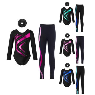 3Pcs Girls Gymnastics Dance Set Metallic Patchwork Leotard with Rhinestones Leggings Hairband Long Sleeve