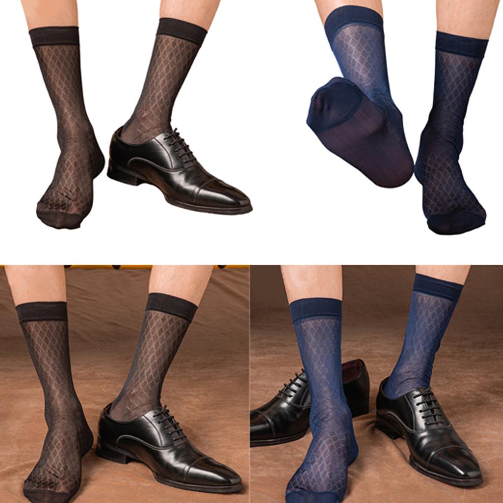 Mens Ultrathin Dress Socks Silk Sheer Business Socks Soft Nylon See Through Diamond Pattern Middle Tube Calf Socks