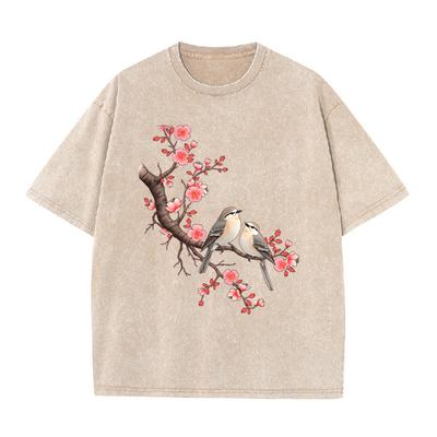 Męska koszulka z grafiką Kwiat Wiśni Ptak Nadruk Japoński Styl Krótki Rękaw Okrągły Dekolt Casualowa Letnia Streetwear Kwiatowa Koszulka Fashi
