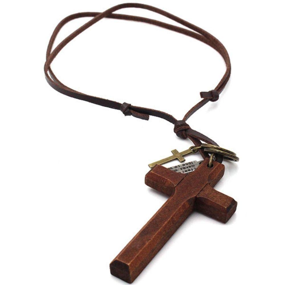 Religious Handmade Cross Necklace Metal Tags Crucifix Pendant Chain Wood Cross Necklace  Church