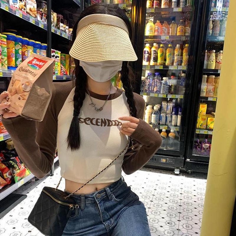 2KWEIRD Letter Print T-Shirt Women Spring Long Sleeve Patchwork Tops Fashion Retro Contrast Color Crop Top Hot Girl Kpop Skinny Y2K Tees