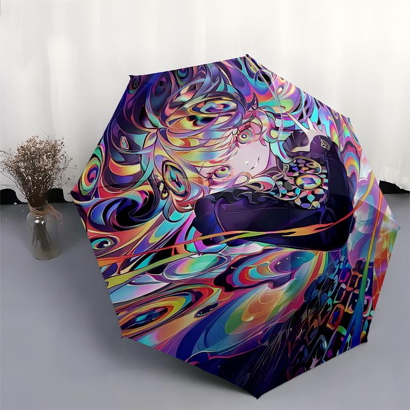 1pc Psychedelic Swirls & Anime Character Outdoor Umbrella - Automatic Opening/Closing, Portable 3-Fold Design, 8-Rib Iron Frame - Perfect Gift fo