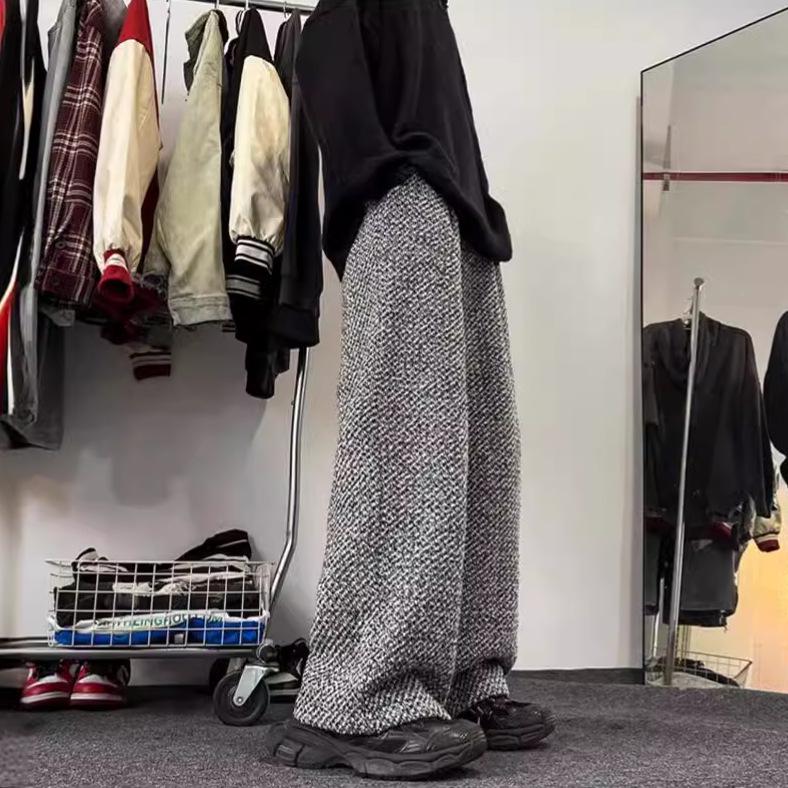 Męskie spodnie z wełny w stylu vintage, szare, z szerokimi nogawkami - styl retro amerykański