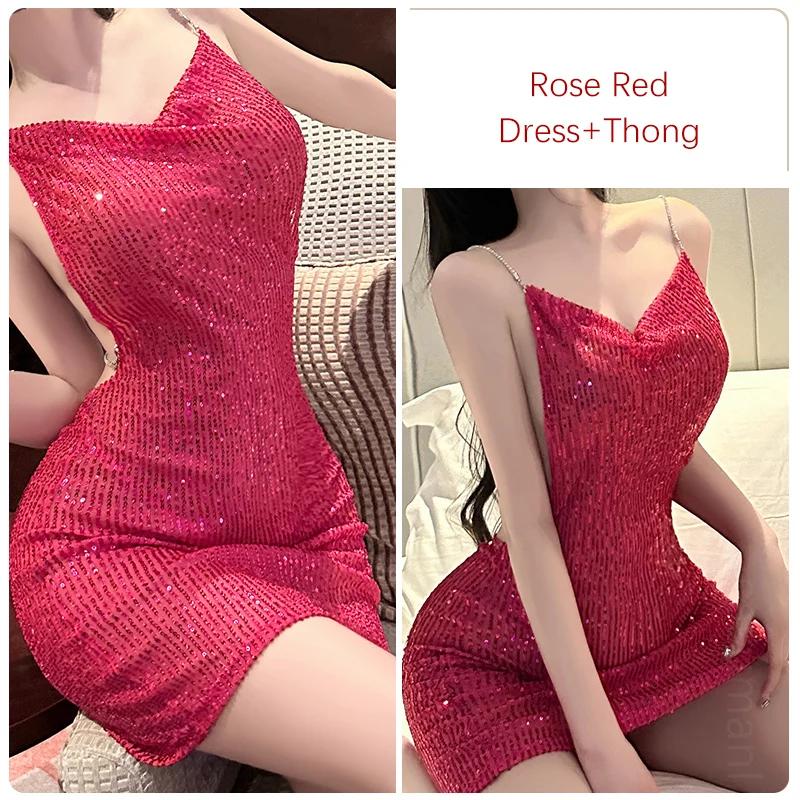 Women's Pajamas Hot Lingerie Sequin Design Backless Super Sexy Mini Club Nightgown Women