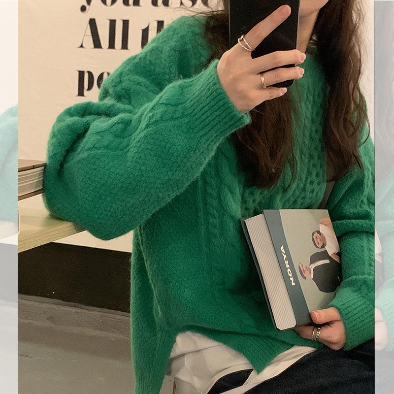 Solid color twist sweet and gentle round neck pullover sweater women's autumn and winter new fashion age-reducing knitted sweater top