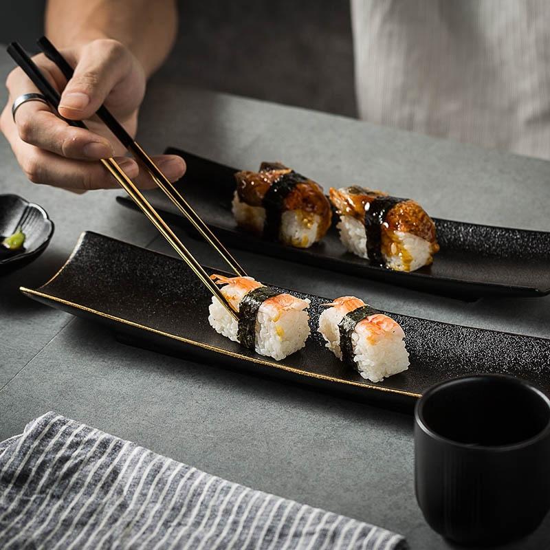 Japanese-Style Frosted Sushi Plate, Rectangular Black Phnom Penh Saury, Long Plate, Raw Fish Platter, Barbecue Plate, Dim Sum Plate