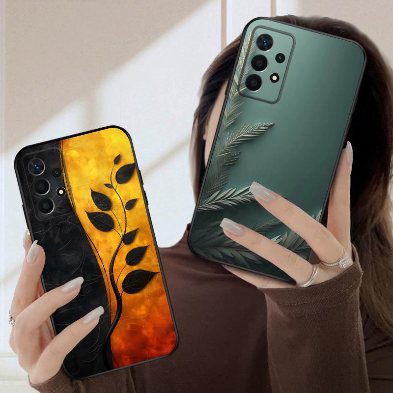 Black Leaf Image For Samsung A03 Core A 04 05 06 12 14 15 16 22 23 Galaxy A25 26 4G 34 35 52 53 56 71 73 90 5G Soft Phone Case